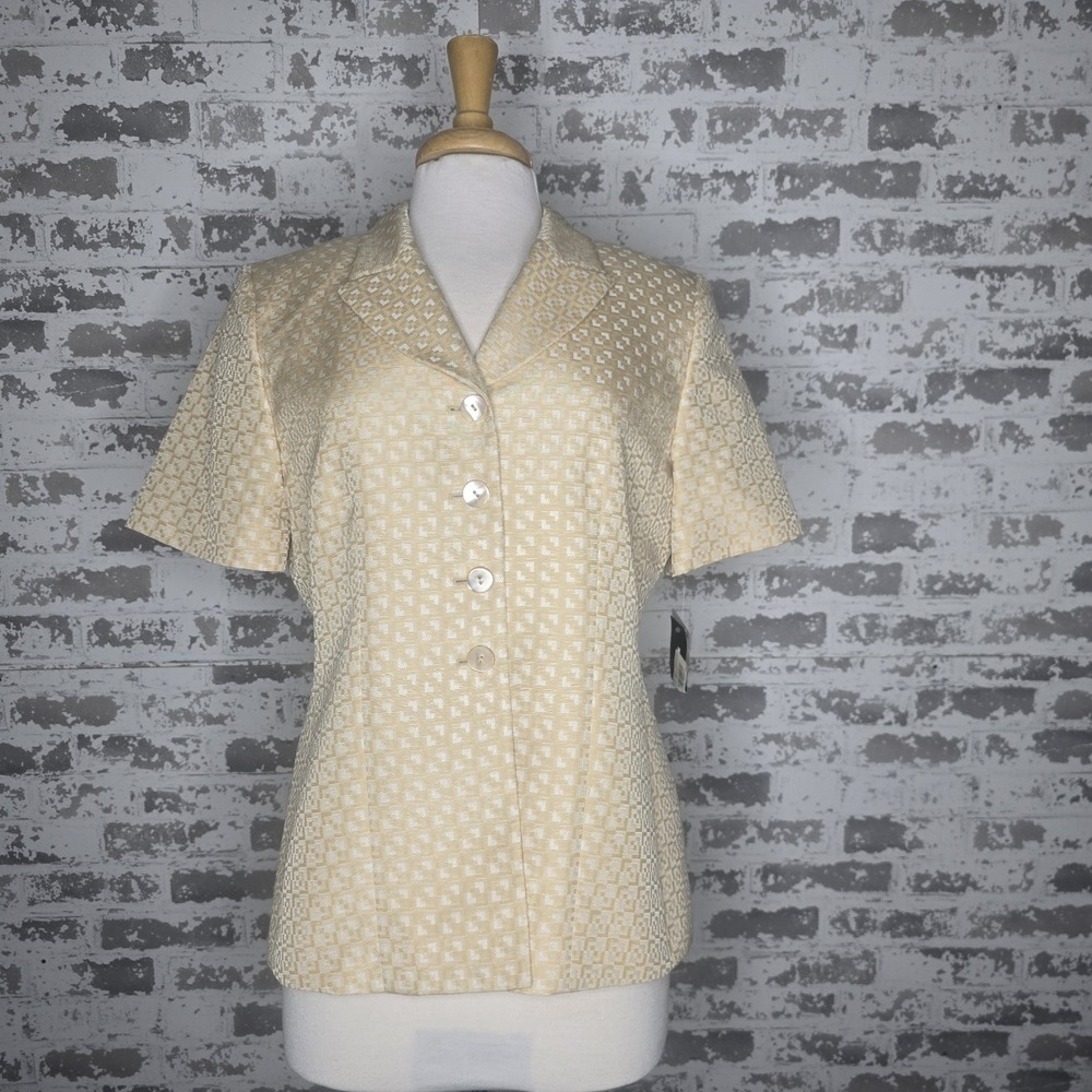 NEW Le‎ Suit Blazer Womens 12P Short Sleeve Gold Geometric Print Career Workwear